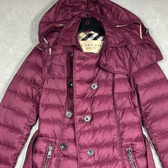 Burberry BRIT Double Breasted Parka Coat Puffer Down Hooded Belt Nova Check XS - Picture 4 of 15